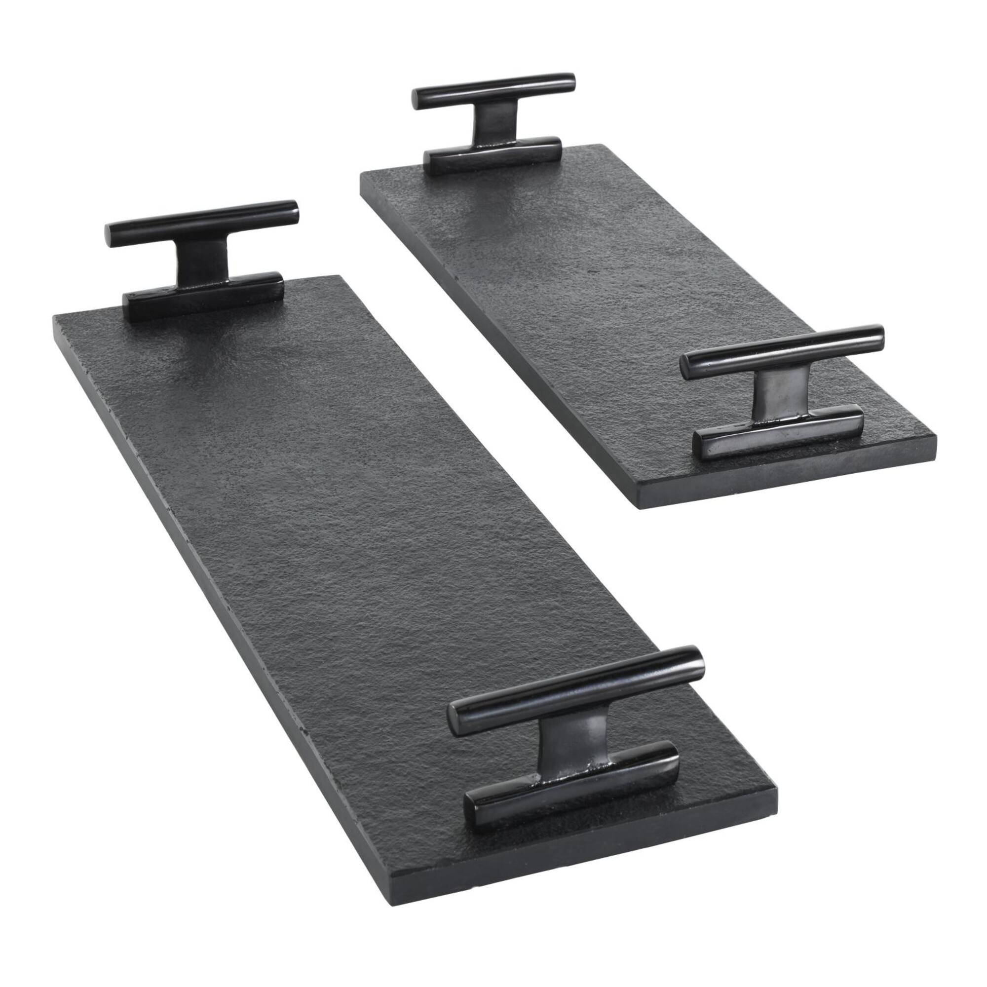 Black Marble Slim Textured Living Room Décor Tray with Rod Handles, 2ct.